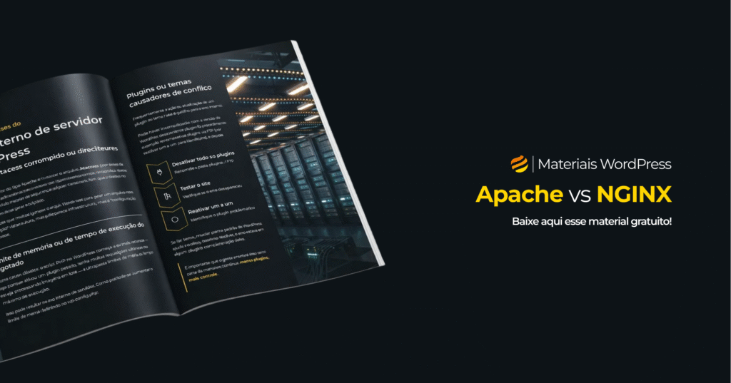 Mockup de um ebook aberto com conteúdos sobre WordPress, ao lado do título ‘Apache vs NGINX’ e do convite para baixar o material gratuito, em fundo escuro.