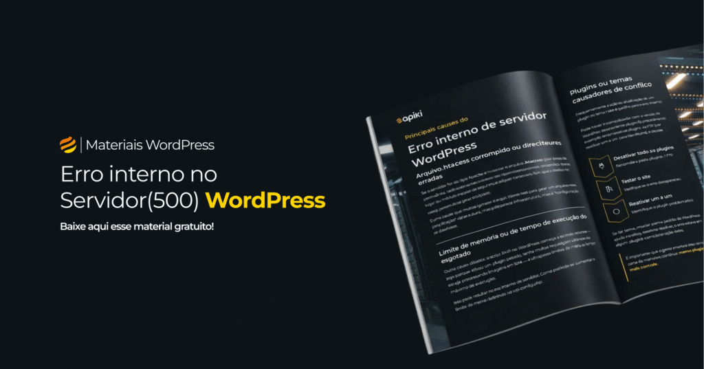 Mockup de um ebook aberto com conteúdos sobre WordPress, ao lado do título ‘Erro interno no Servidor (500) WordPress’ e do convite para baixar o material gratuito, em fundo escuro.