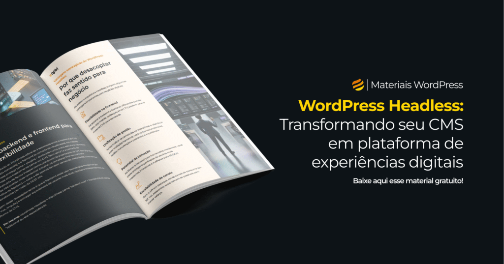 Mockup de um ebook aberto com conteúdos sobre WP-CLI, ao lado do título ‘WP-CLI para Profissionais’ e da frase ‘Baixe aqui esse material gratuito!’, em fundo escuro.