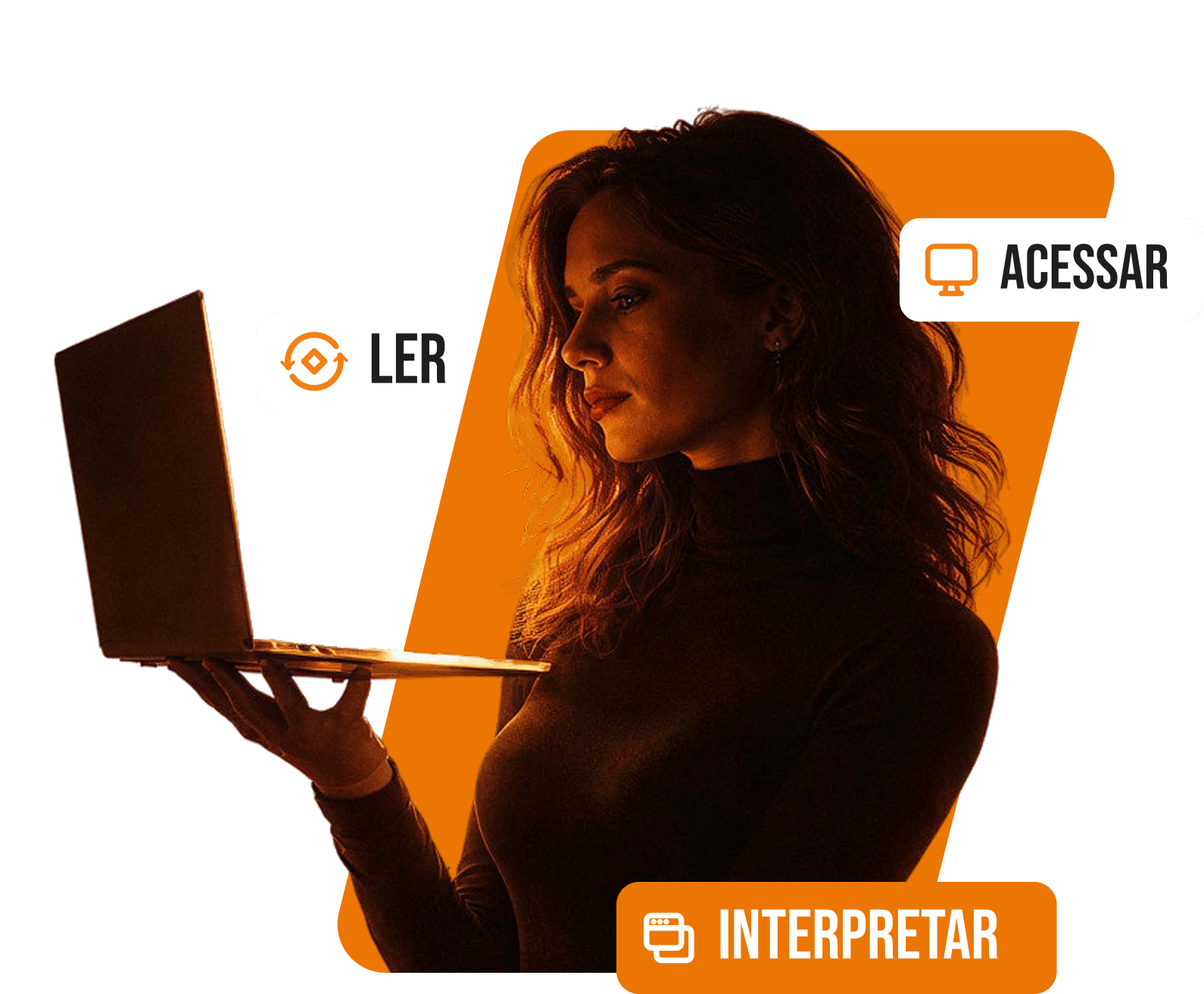 Ilustração do funil de três verbos através de uma mulher segurando um notebook